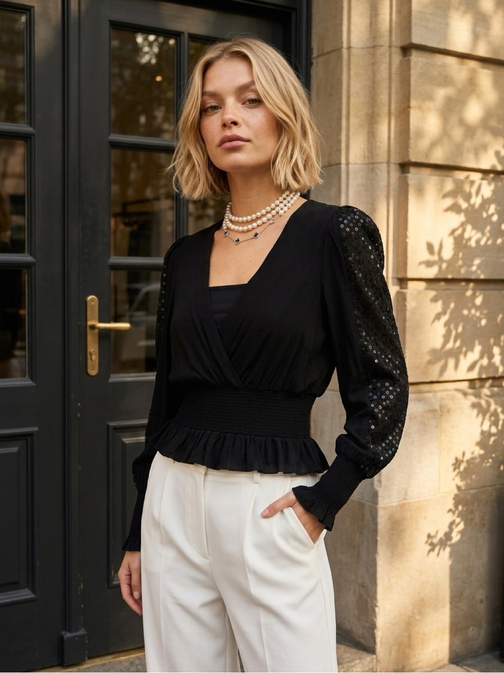 IRO Paris Black Sequin Sleeve Peplum Top FR 34 US 2 Party Blouse Y2K Fall